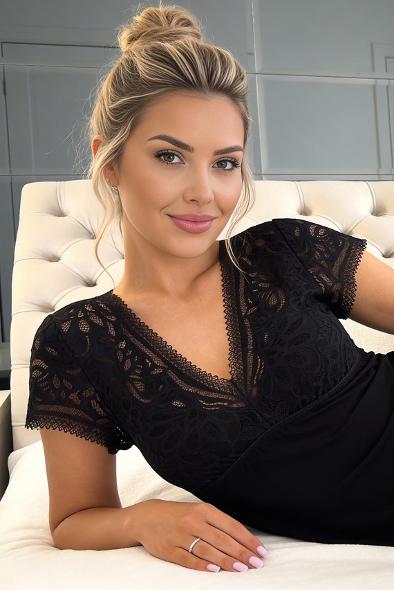 Elena Donna Nachthemd Viskose Spitze Elegant Weich V-Ausschnitt Schwarz