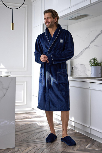 L&L 2661 Eleganter Herrenbademantel Klassischer Kimono-Kragen Weich Dunkelblau
