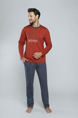 Lion Herren Schlafanzug mit langen Ärmeln, Hose Italian Fashion - rot/graphit
