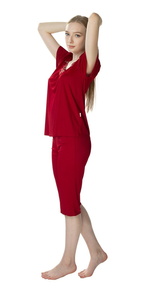 3639 Matylda Damenpyjama Möwe burgunderrot – Viskoseseide, polnisches Produkt, Länge 3/4