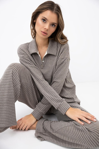 Sensis Amaya Mocca Damenpyjama lang aus Lyocell und Viskose mit Streifen