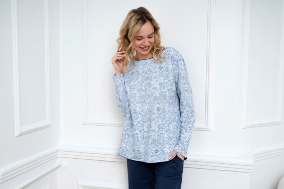 Gracjela Damen Schlafanzug langarm, lange Hose Italian Fashion - blau/grüner Druck