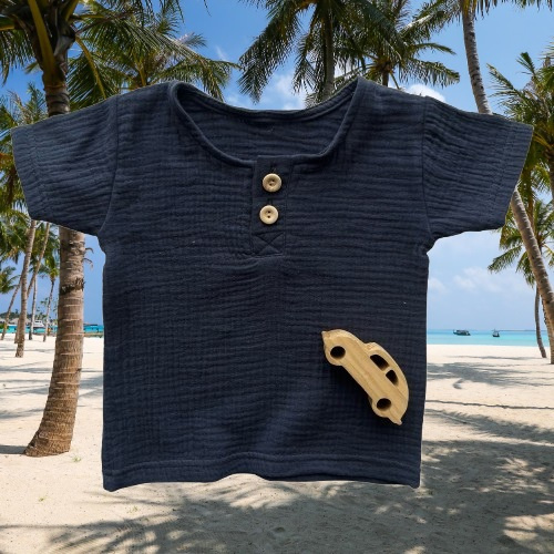 BL55105 Mamatti marineblaue Musselin Polo-Bluse mit kurzen Ärmeln und Knöpfen
