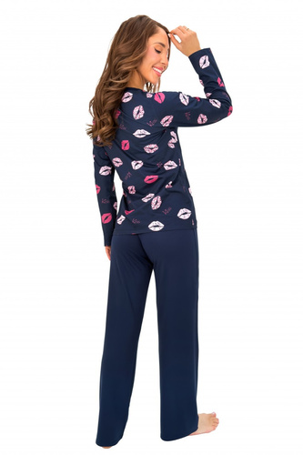Donna Kiss Long Damen-Pyjama, marineblau, 100% Baumwolle, lange Hose