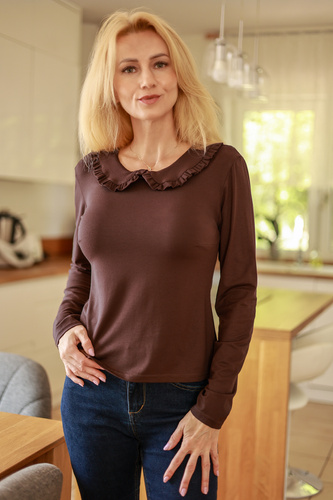 Mirale Anna Damenbluse aus Viskose mit Rüsche und Kragen - braun