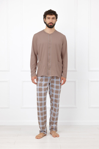 Italian Fashion Wilhelm Herren-Pyjama 100% Baumwolle Knöpfe Kariert - Cappuccino
