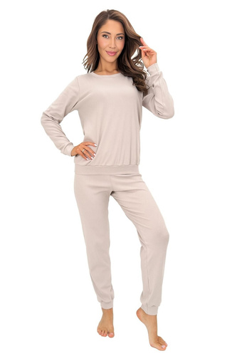 Damen-Pyjama Donna Home Long aus Baumwolle, Rippenstruktur, langärmlig mit Hose, Beige