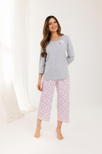 711 Regina Damenpyjama, Grau – Baumwolle, 3/4-Ärmel, Netzstrümpfe, Alltagskomfort