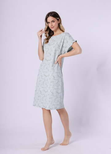 Damen Nachthemd Elif 1728 Leveza aus 100% Baumwolle – kurzarm mit Rüsche, floraler Print, luftiges Nachthemd bis zum Knie