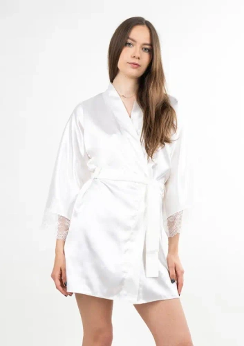 Dkaren Mara weiße Satin-Damenbademantel mit Gürtel