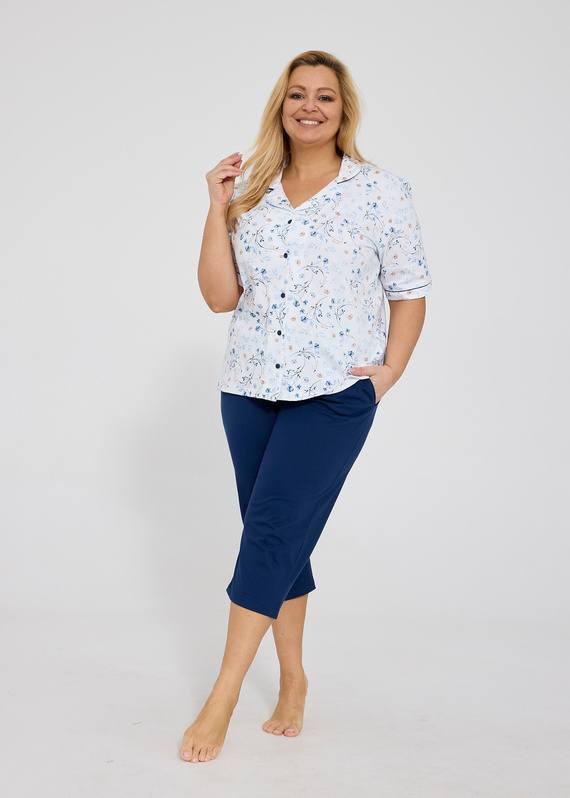 Cornette Yvonne 347/347 Damen Pyjama Baumwolle Blumen Knöpfe 3/4