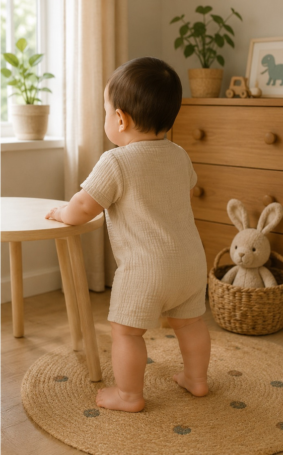 RA55215 Mamatti Musselin-Overall beige mit Holzknöpfen für den Sommer