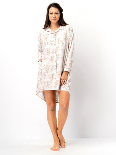 LND 567 Key Nachthemd, Beige – Langarm, geknöpft, Polyester