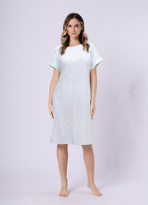 Damen Nachthemd 1730 Clea Leveza | 100% Baumwolle | Orientalischer Print, Volantärmel, Länge bis zum Knie