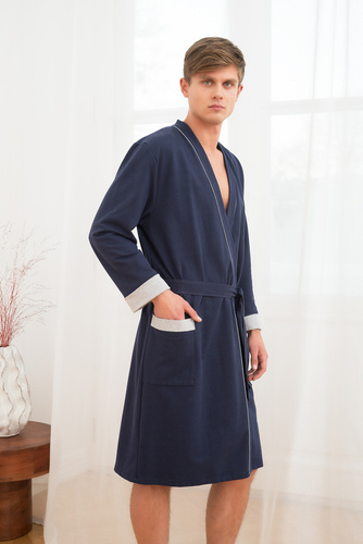 Gabriel Herren Bademantel mit Taschen Italian Fashion - marineblau/melange