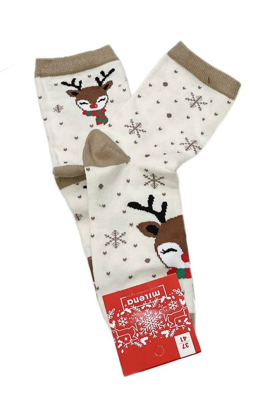 1283-015 Weihnachtssocken für Damen mit Rentier im Schal Milena – Ecru Beige