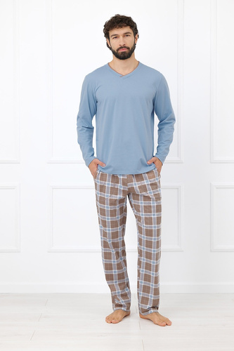 Italian Fashion Dante Herren Baumwoll-Pyjama Lang Kariert-Hose - Stahlfarben