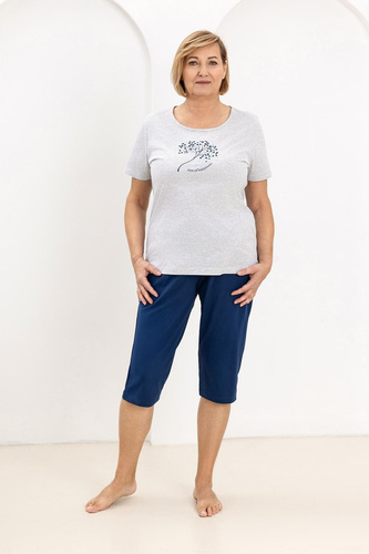 Damen Pyjama Regina 732 aus 100% Baumwolle – Gestreiftes Kurzarm-Shirt mit Print, 3/4 Hose, Atmungsaktiv & Bequem