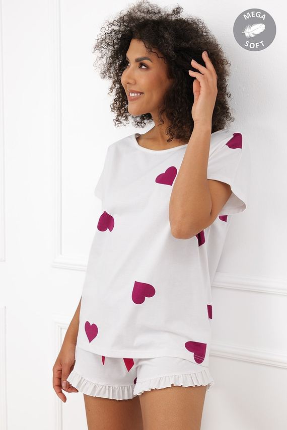 Italian Fashion Soul Damenkurzpyjama Mega Soft ecru mit bordeauxroten Herzen