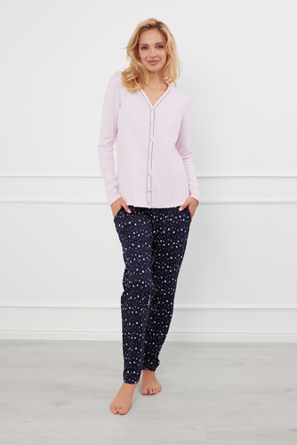 Libra Damen Schlafanzug langarm und Hose Italian Fashion - rosa/print 