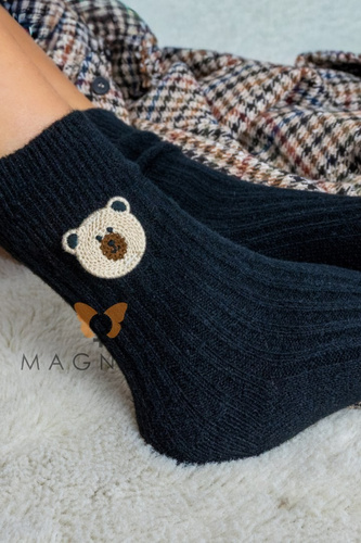 YN5031 Smiley Teddybär Warme Damensocken Magnetis schwarz - gerippt mit Stickerei