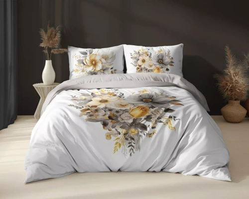 5125 Eine weiße Baumwollbettwäsche von Holland Detexpol mit einem Herzen aus beige-grauen Blumen – 100 % Baumwolle, doppelseitig, polnische Produktion