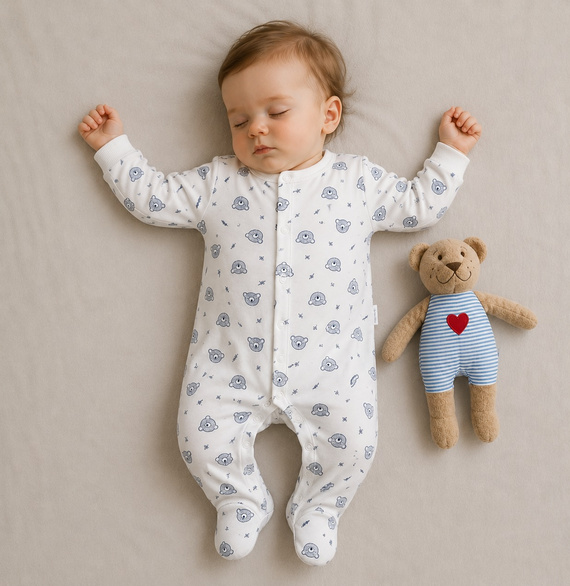 Mamatti Babystrampler Weiß mit Bären Baumwolle mit Druckknöpfen