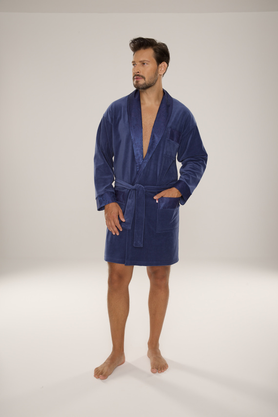 866 Noble Men's De Lafense Velour Bademantel - kurz, elegant, Baumwolle - Denim