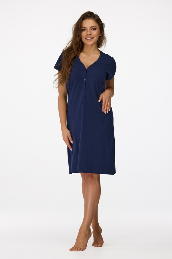 Ja. 16 Senizo Umstandsnachthemd, Marineblau – 100 % Baumwolle, kurze Ärmel, Stilldruckknöpfe