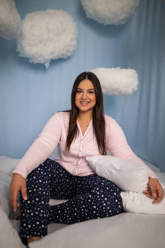 Libra Damen Schlafanzug langarm und Hose Italian Fashion - rosa/print 