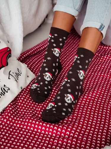 1283-039 Milena Socken – Damen-Weihnachtssocken mit Bulldoggen und Schneeflocken, braun