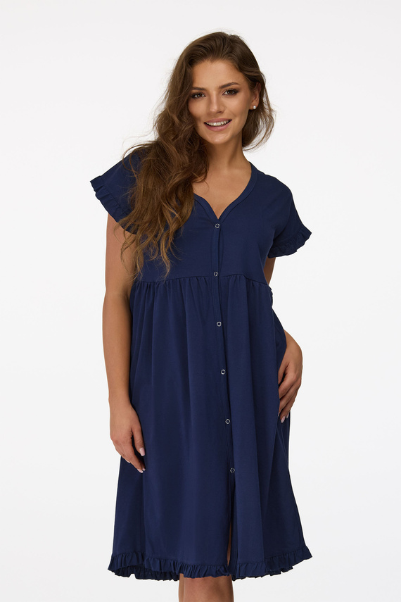 Ja. 21 Senizo Umstandsnachthemd, Marineblau – 100 % Baumwolle, kurze Ärmel, Stilldruckknöpfe