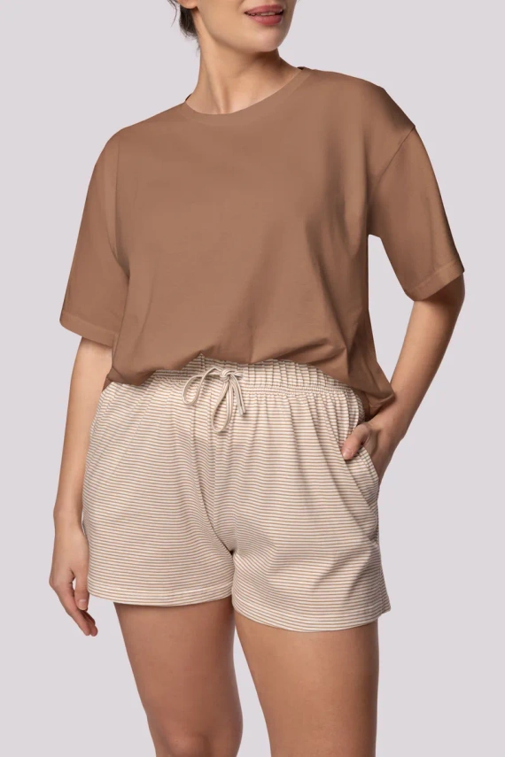Gestreifter Kurzarm-Damenpyjama Mona Karamell