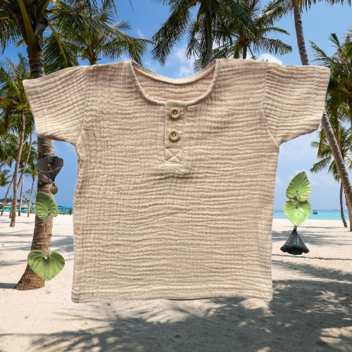 BL55115 Mamatti beige Musselin Polo-Bluse mit kurzen Ärmeln und Knöpfen