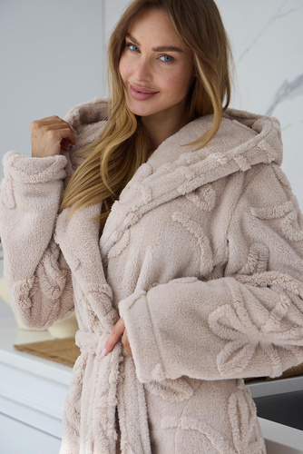 Damen langer Bademantel Elodie 2633 mit Kapuze, weich, warm, gebunden, Angora