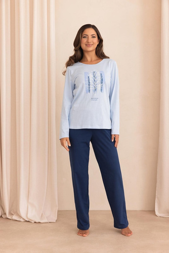 Damen-Pyjama Regina 4020, 100% Baumwolle, langärmlig, lange Hose, blau