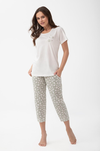1301 Luna Damen Baumwollpyjama 3/4 Blumen weich bequem 100% Baumwolle