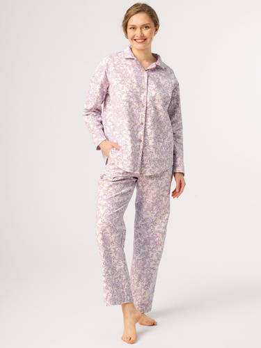 Damen-Pyjama Key LNS 406 ecru – Flanell 100% Baumwolle, Blumenmuster, Knöpfe