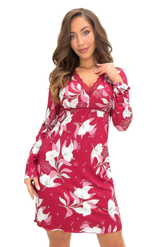 Donna Brigitte II Nachthemd bordeaux Viskose Spitze Langarm