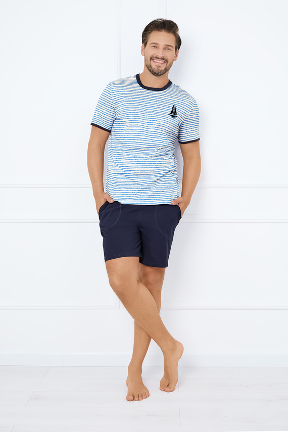 Flota Herren Kurzarm-Pyjama, Shorts Italian Fashion - blau/grüner Druck