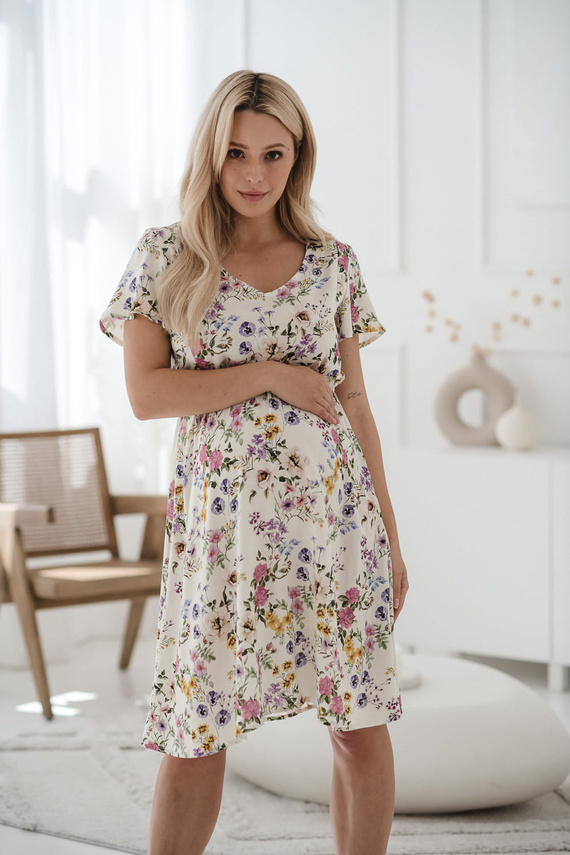 Lovely Dress Umstands- und Stillkleid, Kurzarm Milk&Love, Creme mit Blumen