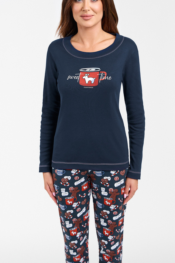 Makala Damen Schlafanzug mit langen Ärmeln und langer Hose Italian Fashion - navy blau/print