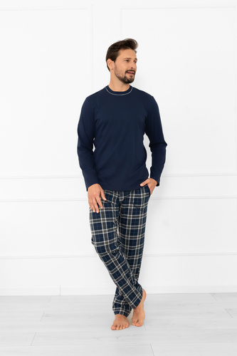 Herren Schlafanzug Andreas - lange Ärmel, lange Hose, Baumwolle Italian Fashion - navy blau/print