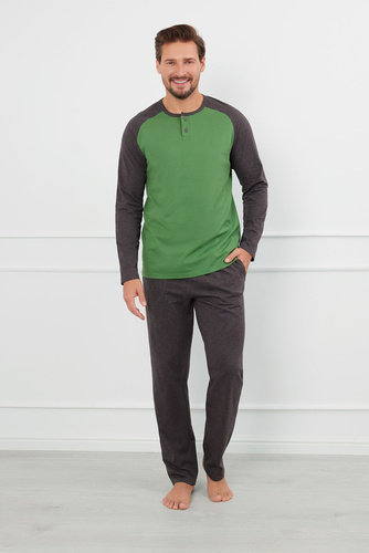 Alexander Herren Schlafanzug langarm, lange Hose Italienische Mode - grün/c.melanż