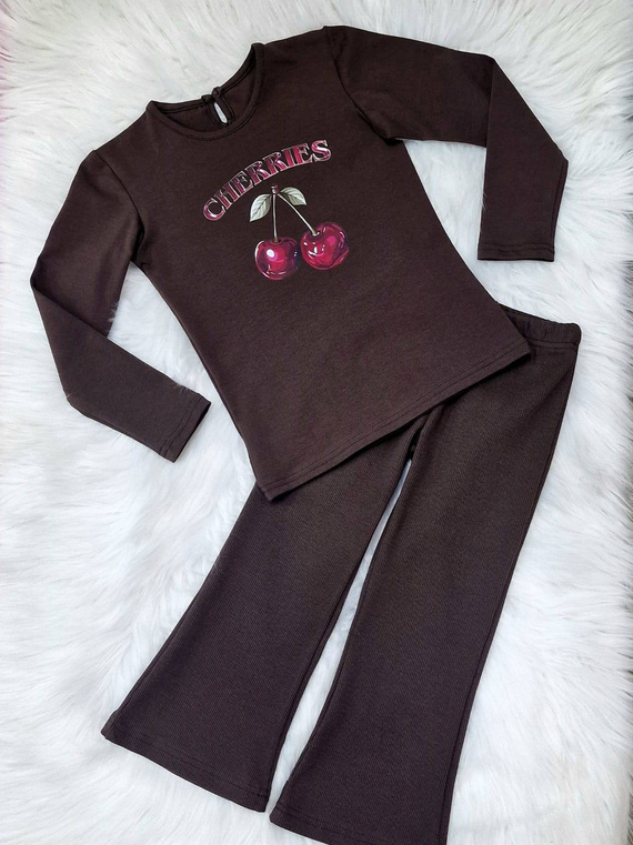 Cherries Bambarillo Mädchenbluse, dunkle Schokolade – Baumwolle, lange Ärmel, mit Aufdruck