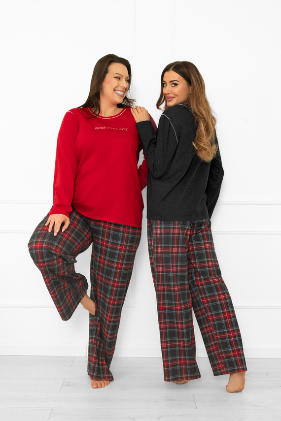 Italian Fashion Damen Schlafanzug in rot - Baumwolle, langarm und Hose, kariert 