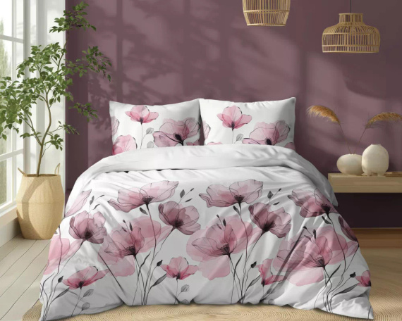 5496 B Weiße Baumwollbettwäsche mit aquarellrosa Blumen Naturalis – Detexpol