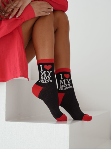 Damen Baumwollsocken Milena 0200-151 „I Love My Boyfriend“ – Valentinstagsdesign, Perfekte Passform, Ideales Geschenk