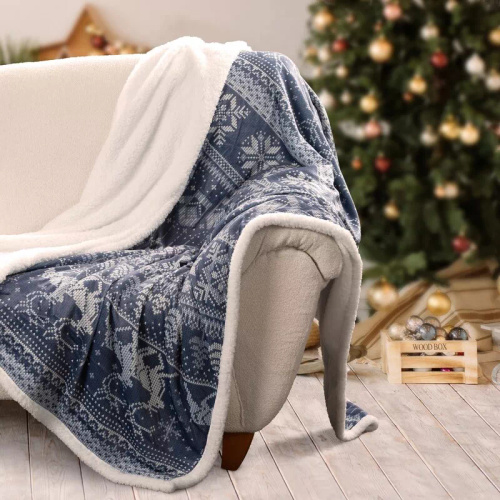 Eurofirany Weihnachtsdecke, Weiß, Marineblau – weicher Überwurf aus Mikrofaser, 240 g/m²