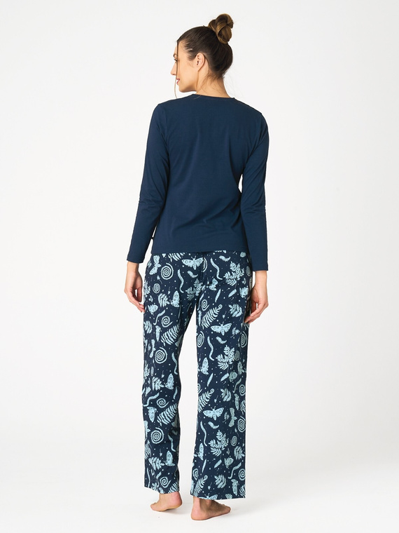 Damenpyjama Key LNS 534 lang aus Baumwolle in Marineblau mit Taschen